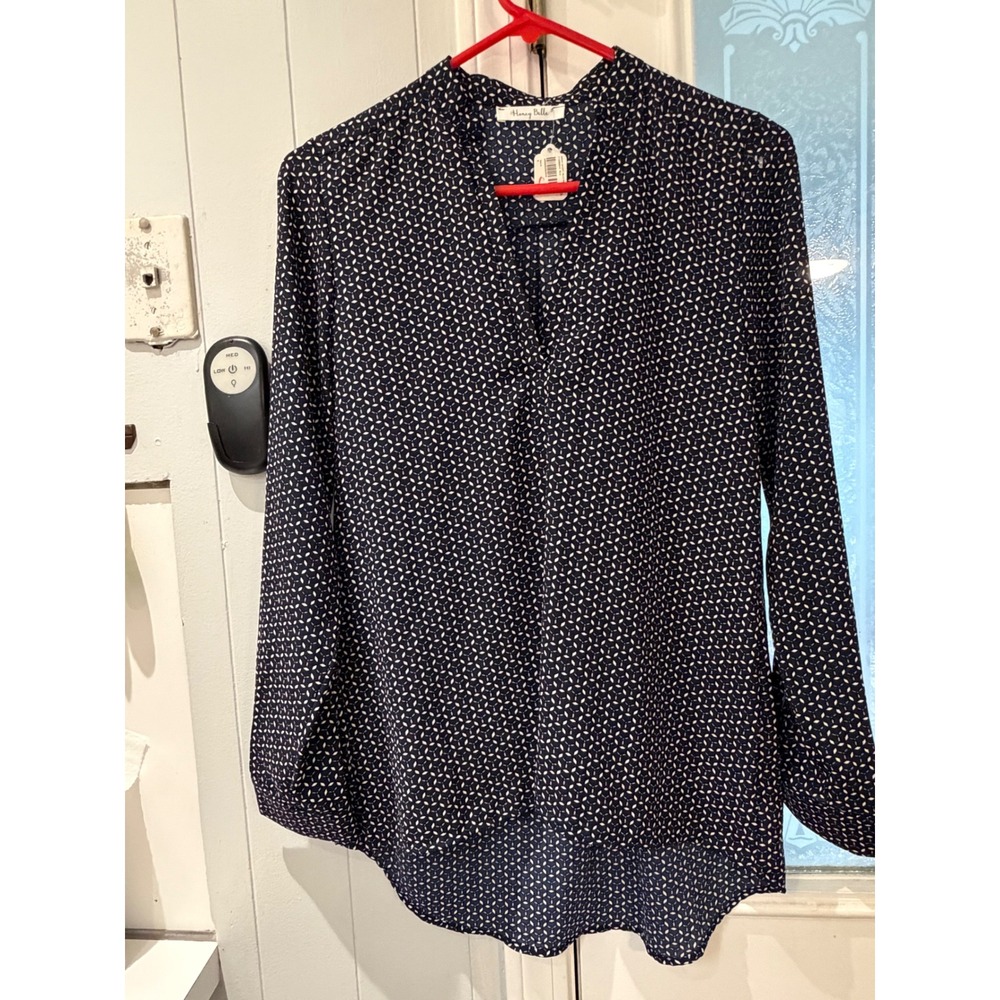 Honey Belle Navy Blue Geometric Print High Low Blouse Split Neck Small CT4980-20